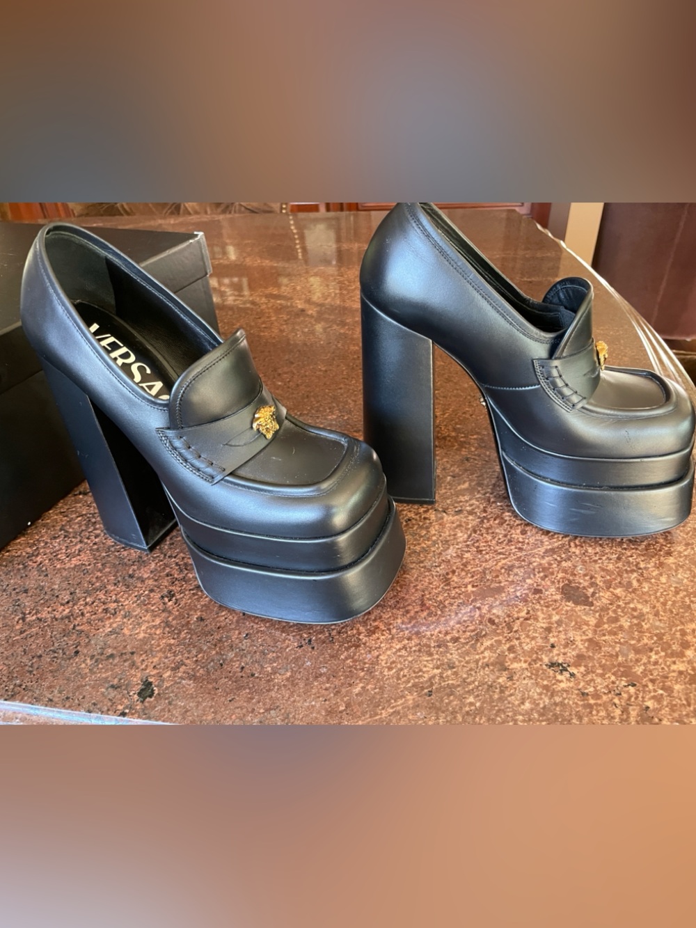 Versace Aevitas Black Platforms with Gold Medusa Accent 36.5 with box - Picture 2 of 12